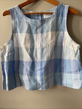 100% Linen cropped Blue and White Plaid Tank Large Cynthia Rowley